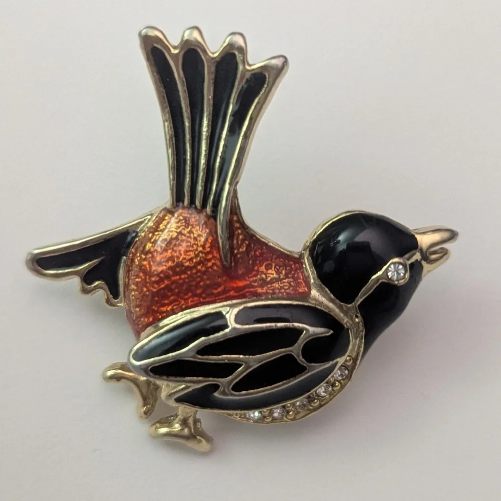 Vintage Bird Brooch Pin Black Orange Rhinestone Nature Lover Spring Robin Enamel